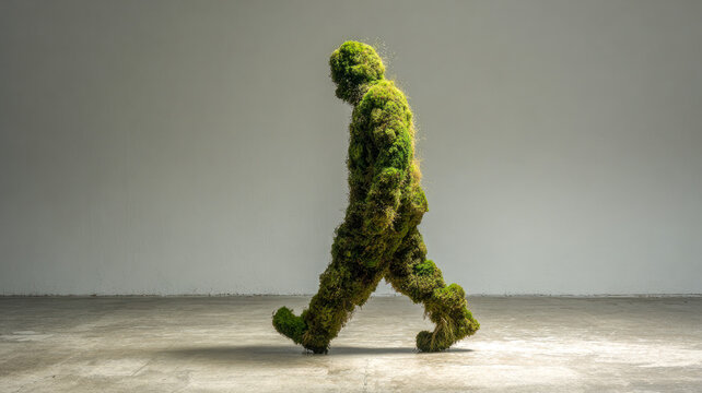 A botanical human figure made of moss and green plants. Concept representing nature, growth, and sustainability.