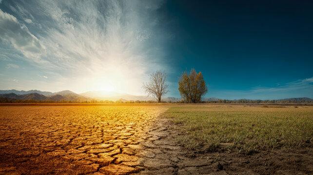 A conceptual image showing the impact of climate change, with a landscape split between a green, healthy environment and a dry, barren desert .