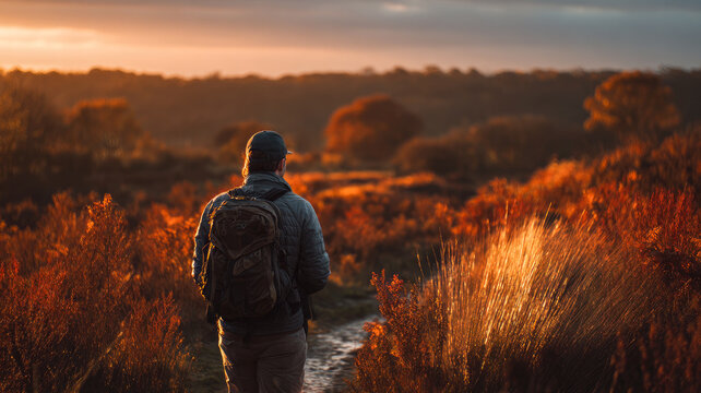 Heading into nature. Rear view of a young man hiking along a nature trail during sunrise.