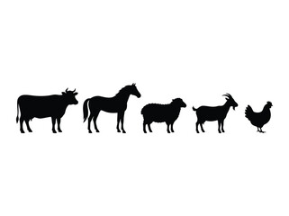 Obraz premium Black silhouettes of cow, horse, sheep, goat, and chicken