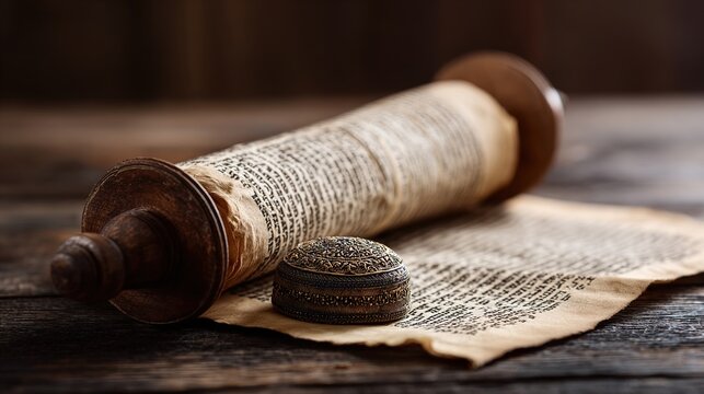 kippah. Open Hebrew scripture scroll with a kippah on a dark wooden table. event programs, museum guides, designed for cultural heritage projects and event programs.
