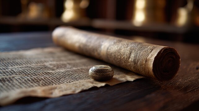 kippah. Open Hebrew scripture scroll with a kippah on a dark wooden table. event programs, museum guides, designed for cultural heritage projects and event programs.