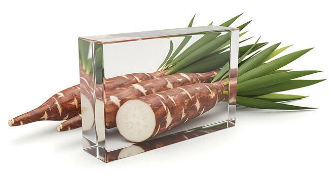 Fresh cassava roots and green leaves in a clear glass block, healthy root vegetable, organic food ingredient, isolated on white