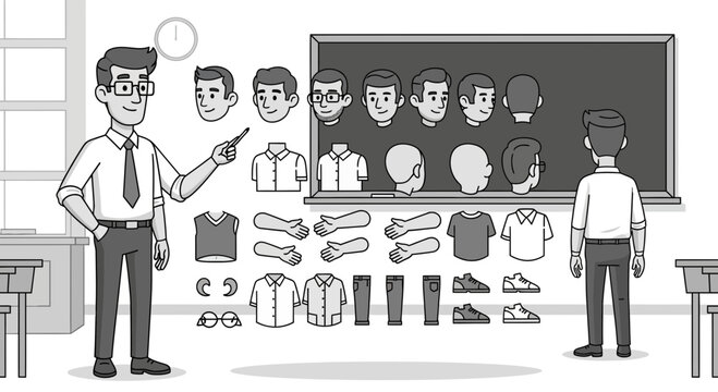 Teacher demonstrating character creation with diverse assets on blackboard