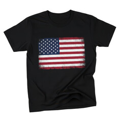 Fototapeta premium Black t-shirt with distressed american flag print isolated on a transparent background