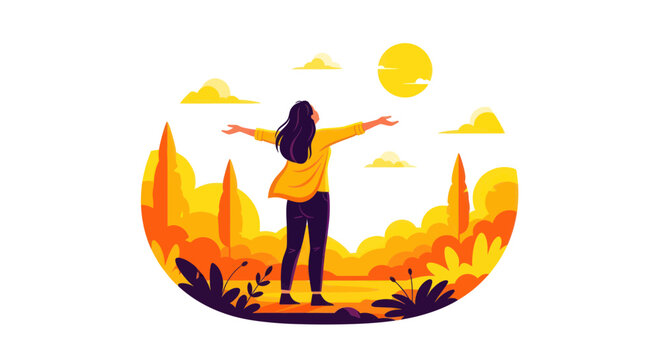 Woman with open arms embracing nature, sunrise, freedom, joy, outdoor lifestyle