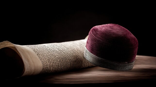 kippah. Open Hebrew scripture scroll with a kippah on a dark wooden table. event programs, museum guides, designed for cultural heritage projects and event programs.