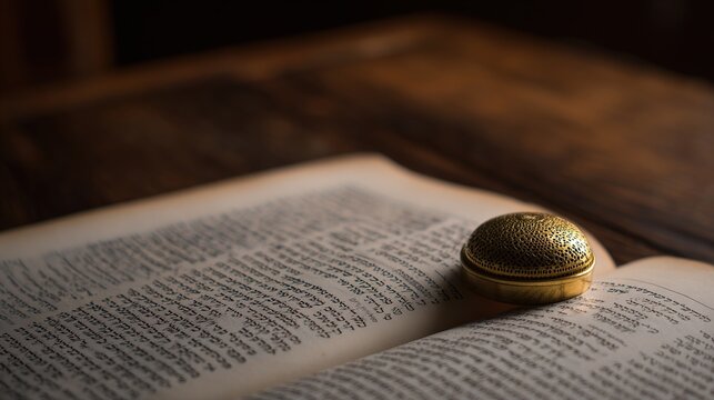 kippah. Open Hebrew scripture scroll with a kippah on a dark wooden table. event programs, museum guides, designed for cultural heritage projects and event programs.