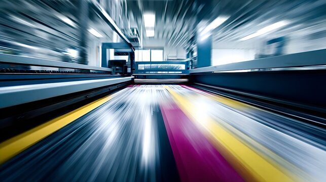 Industrial printing press producing cmyk colors at high speed
