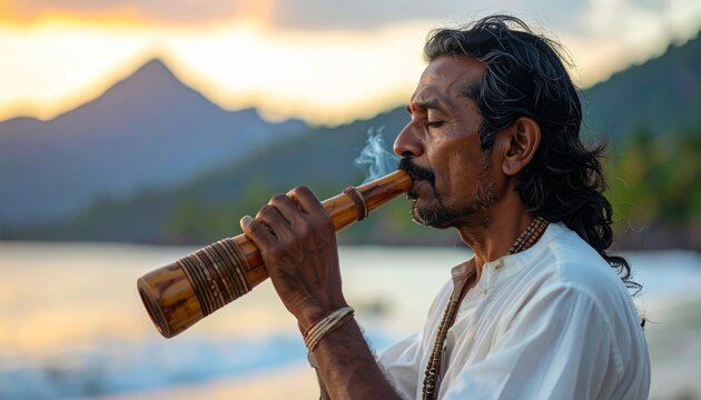Man playing traditional wind instrument at sunset by the sea.
