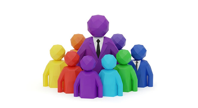 Diverse team of colorful low-poly figures gathered around a leader figure in a suit, representing unity and leadership