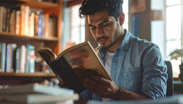Young adult absorbs literature in a cozy home library, fostering knowledge