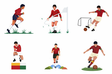 Flat minimalist illustrations of vintage soccer players in various action poses like kicking, running, and dribbling, isolated on white background. © Mustajib
