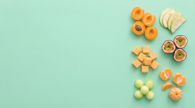 assorted fresh sliced fruits on mint green background