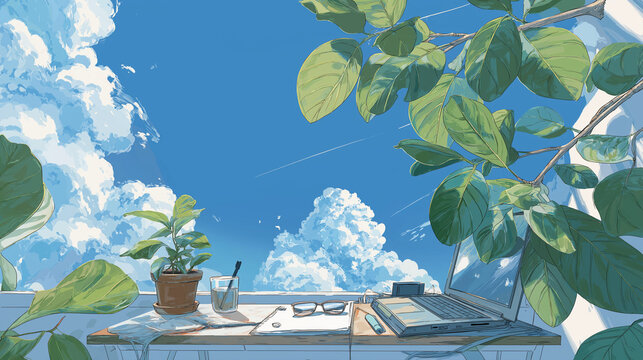 夏の青空と雲のイラストが映るノートパソコンのデスクに緑の葉が美しい観葉植物