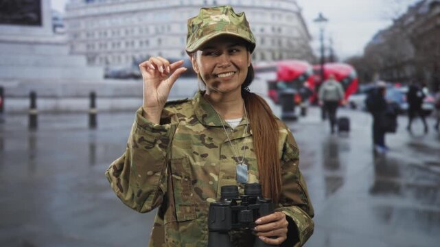 Woman soldier in camouflage holds binoculars and pinches fingers to show small size on a wet street; pride duty.