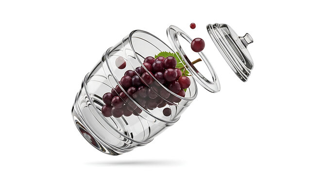 Exploding glass jar filled with fresh red grapes and water splashes, dynamic composition, fresh food concept