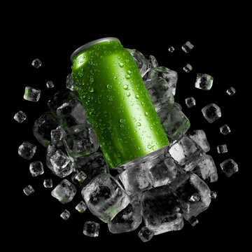 3D Refreshing Green Beverage Can with Ice Cubes