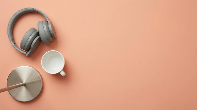 minimalist workspace with headphones, coffee, and drumstick on pastel background