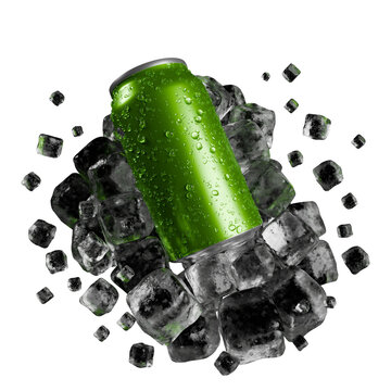 3D Refreshing Green Beverage Can with Ice Cubes