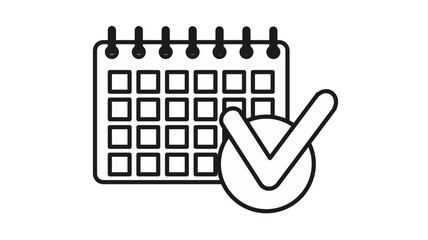 Black and white minimalist vector icon illustration of a calendar with a checkmark symbol, representing successful scheduling, task completion, appointment booking, and organized time management. © Elva