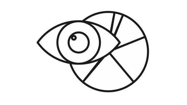 Vector illustration of a black line icon representing data visualization and monitoring, featuring a human eye superimposed over a pie chart, symbolizing business analytics and insight.