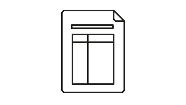 Minimalist black line vector icon of a document with a table or spreadsheet, representing a report, invoice, or data sheet, isolated on a white background for business and office design projects.