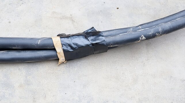 disconnection. A severed end of a thick electrical cable wrapped with black tape on concrete. product launch decks, UI/UX mockups, designed for data visualization dashboards and holographic UIs.