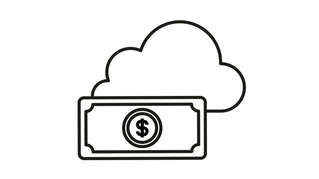 Black line art vector icon illustration of a dollar bill banknote in front of a cloud, symbolizing cloud banking, digital finance, online payments, fintech, and electronic money storage concepts.