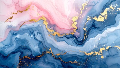 Fototapeta premium Abstract painting with pink blue gold swirling colors gold leaf abstract background design background fluid background marble background