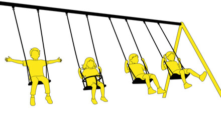Fototapeta premium Children on a playground swing set, active play, outdoor fun, childhood joy