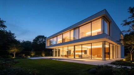 Fototapeta premium Modern house with glass walls at night