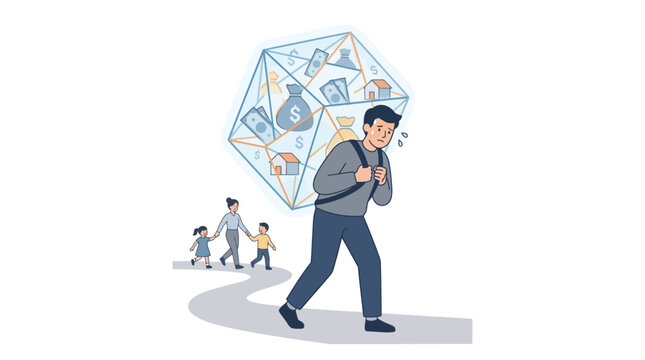 Man protects family with large umbrella from various icons on a windy day outdoors