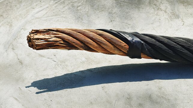 disconnection. A severed end of a thick electrical cable wrapped with black tape on concrete. product launch decks, UI/UX mockups, designed for data visualization dashboards and holographic UIs.