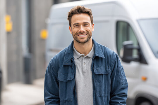 Smiling Man Standing Outdoors in Front of a Van