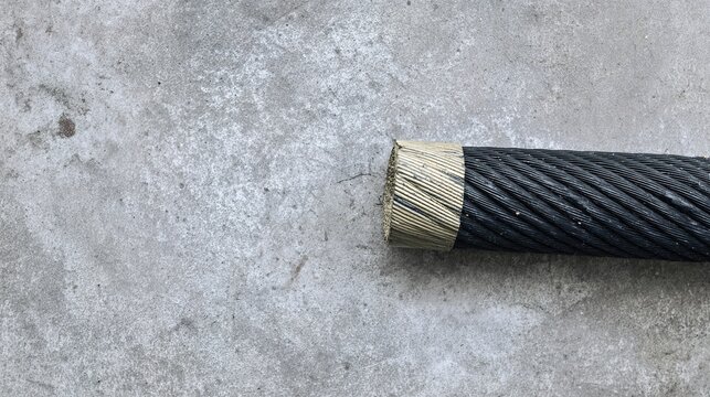 disconnection. A severed end of a thick electrical cable wrapped with black tape on concrete. product launch decks, UI/UX mockups, designed for data visualization dashboards and holographic UIs.