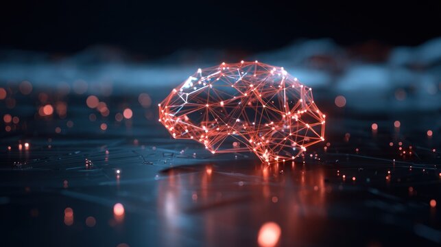 Glowing digital representation of a human brain structure hovers above a dark reflective surface surrounded by light points