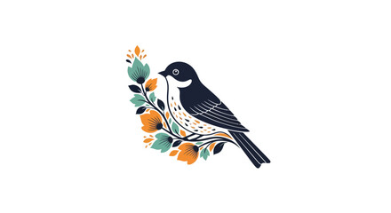 Stylized bird on a floral branch with colorful flowers © raigen