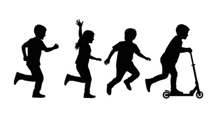 Fototapeta premium Silhouettes of children running, jumping, and riding a scooter on a white background