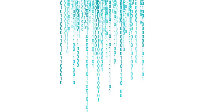 Cyan binary code numbers falling on white background representing digital data stream.