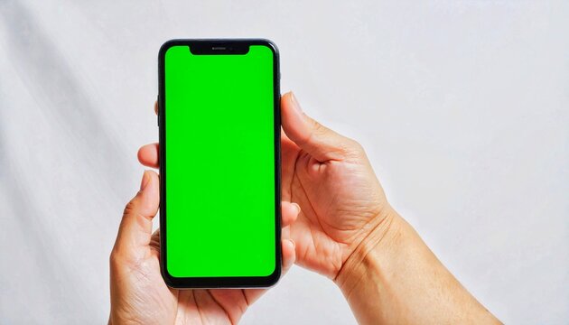Two hands hold a smartphone vertically, featuring a bright green chroma key screen against a textured white fabric background.