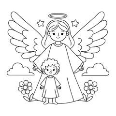 Fototapeta premium Angel mother standing behind child with wings and halo in garden cute outline coloring page