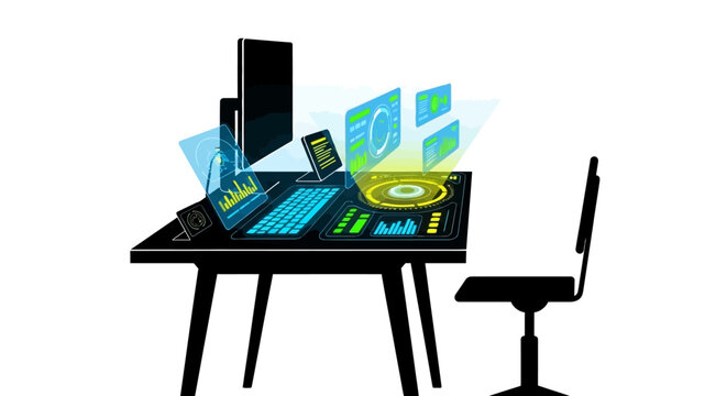 Black office desk with chair computer.