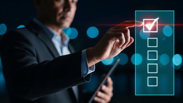 Businessman completes a digital task by checking a box on a virtual checklist.