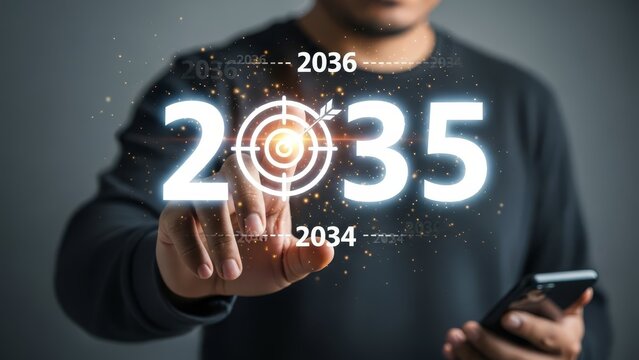 Businessman points towards the year 2035, symbolizing future goals and strategic planning.
