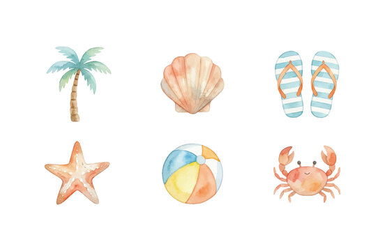 Watercolor Beach Elements Icon Set Isolated on White Background