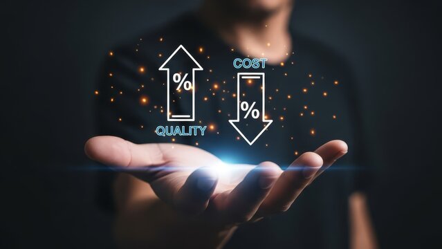 Hand presents abstract glowing icons showing increasing quality and decreasing cost, representing optimized business strategy.