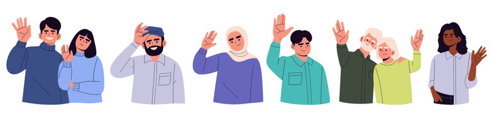 Fototapeta premium Flat vector set of diverse people waving hands in greeting, showing friendly communication and social interaction. Ideal for concepts of hello, introduction, teamwork, community, everyday interaction