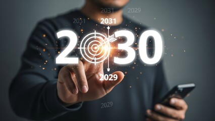 Fototapeta premium Man touches a glowing holographic target within the year 2031, symbolizing ambitious future planning and targets.