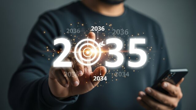 Man points to a digital target for 2035, setting clear business goals for the future.